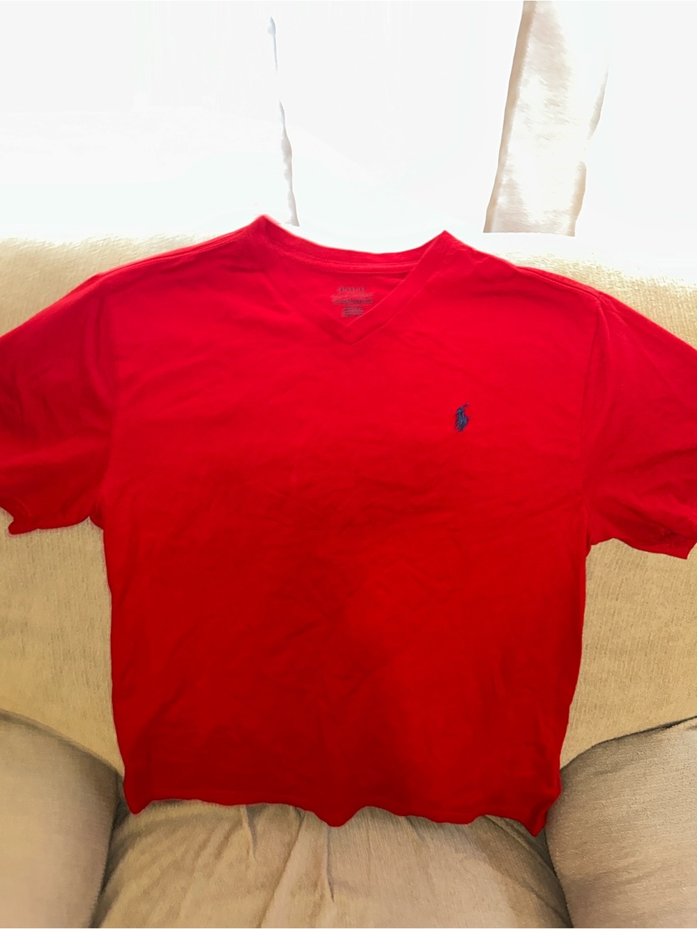 Eg 18-20 Ralph Lauren Men’s Red V-Neck Tee with Navy Polo Patch